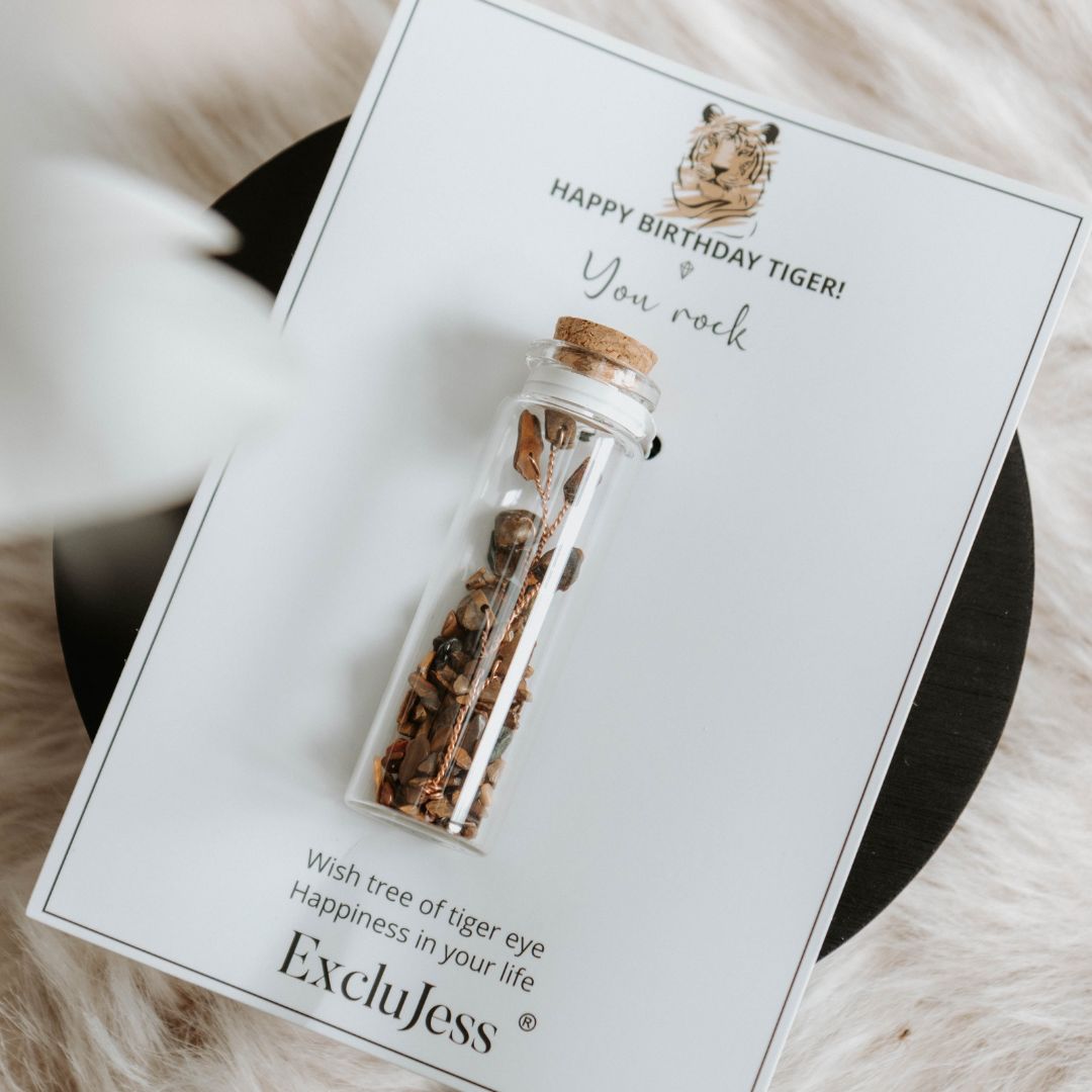 Wish bottle happy birthday card tiger eye tree