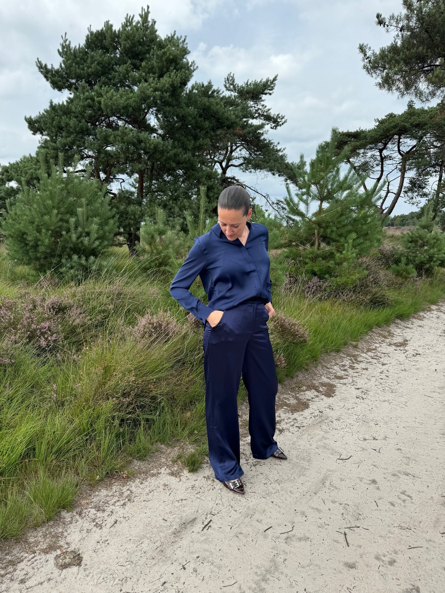 Satijnen broek Beige Marine Blue