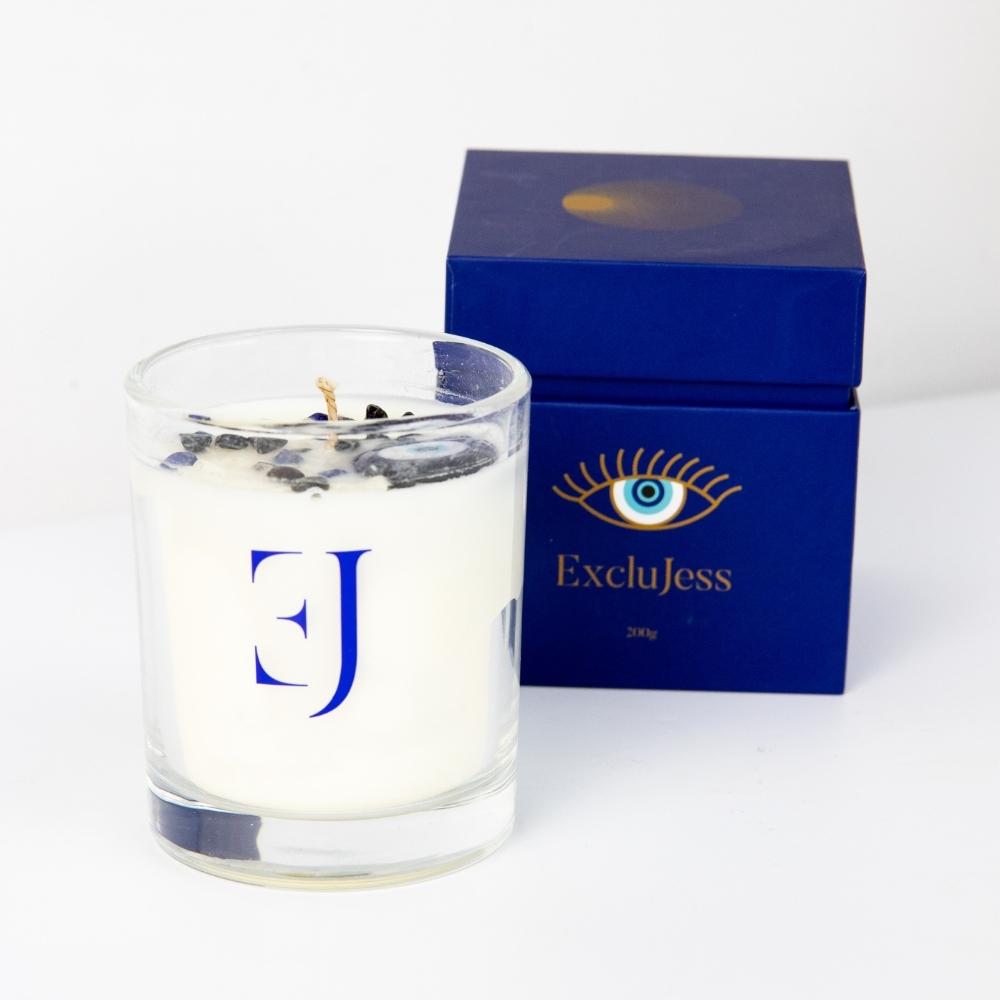 'Evil eye' scented candle with evil eye pendant & crystals