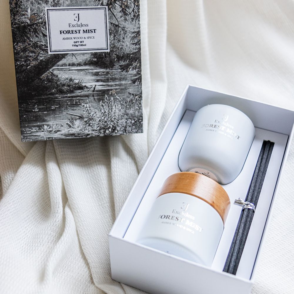 Forest Mist Gift set fragrance sticks & candle – Amber Wood & Spice