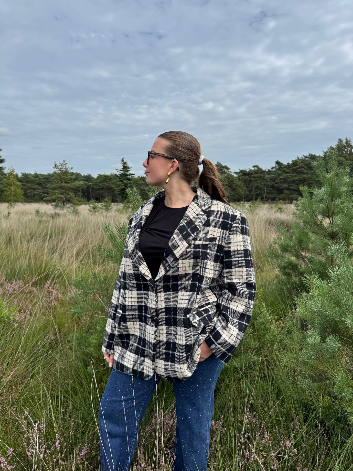 Oversized geruite blazer Londen zwart