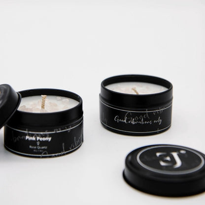 Quote candle in tin – Good vibrations only (small size)