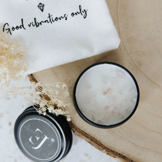 Quote candle in tin – Good vibrations only (small size)