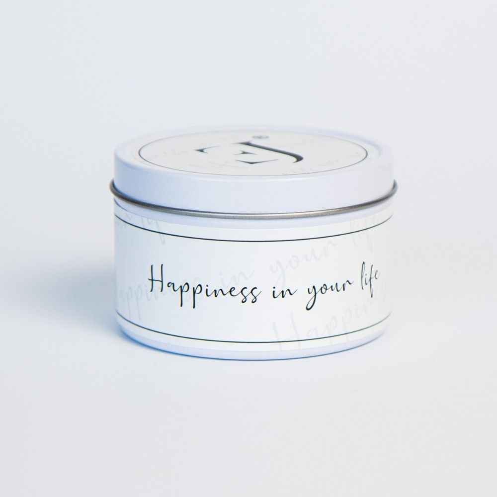 Quote kaars in blik – Happiness in your life