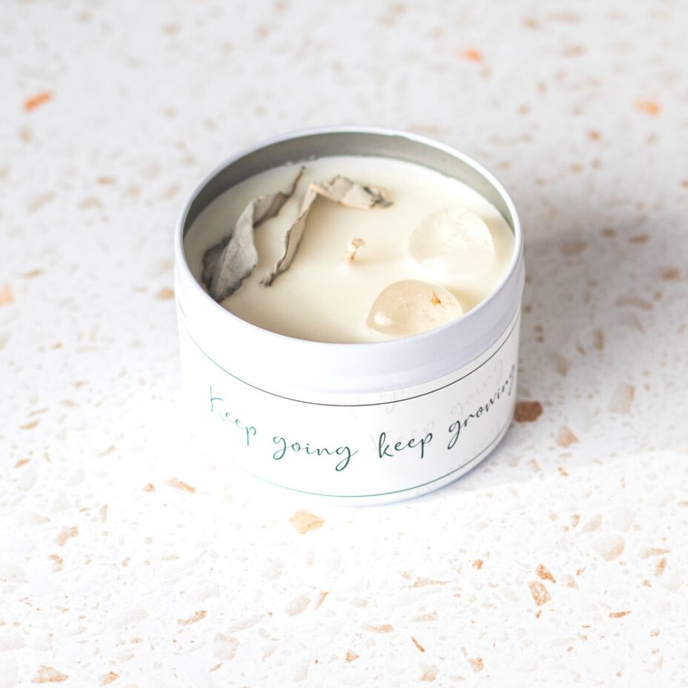 Quote candle in a can – Keep going keep growing