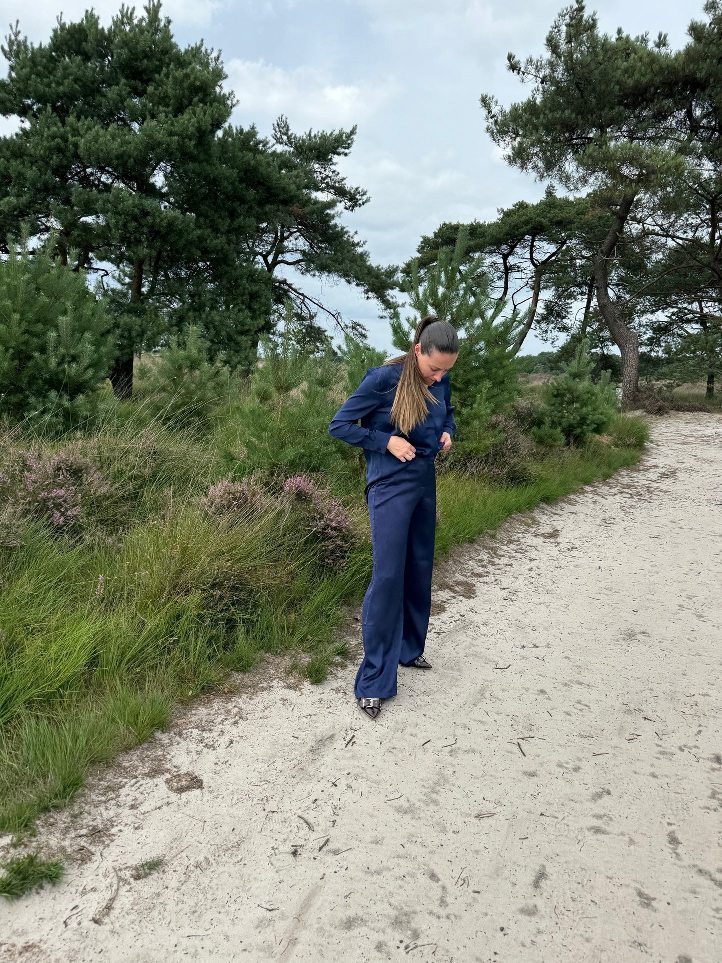 Satijnen broek Beige Marine Blue