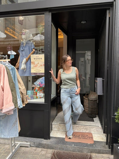 Amber – Wide leg jeans met kristallen dames