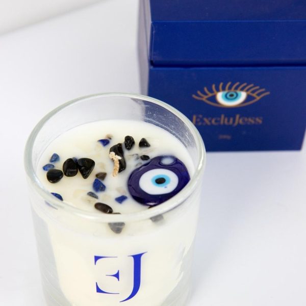 'Evil eye' scented candle with evil eye pendant & crystals