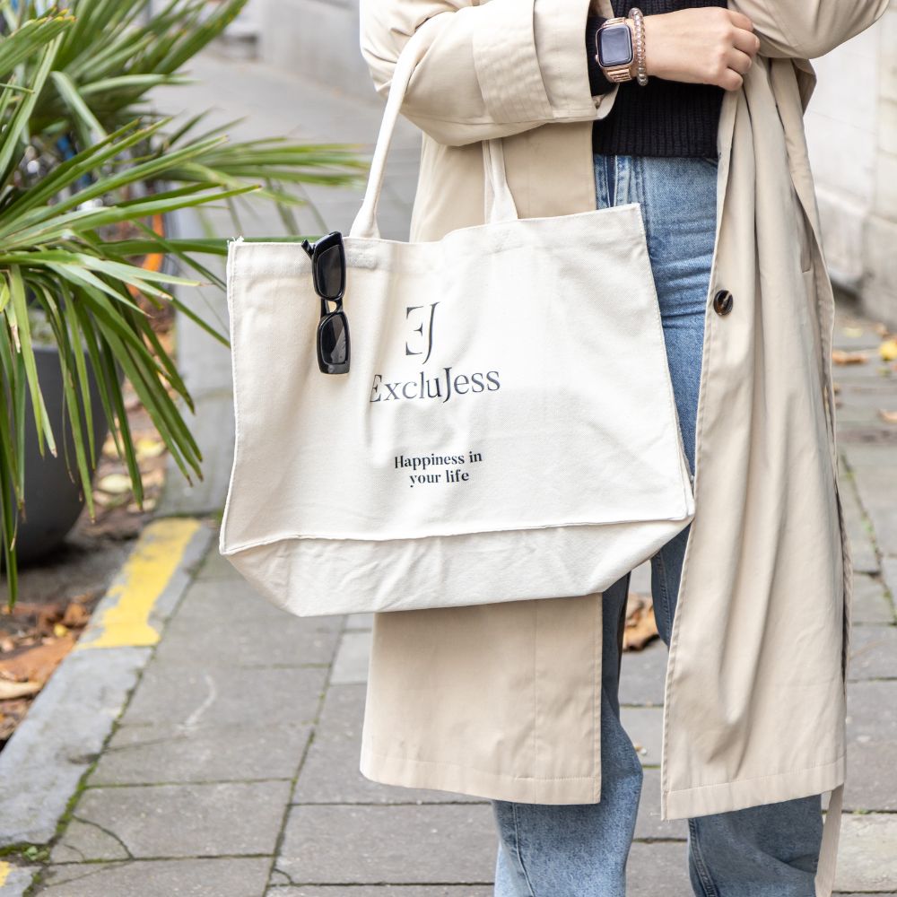 Shopping bag 'Happiness in your life' – beige