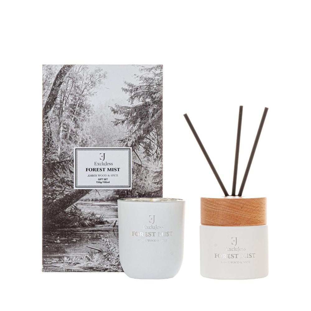 Forest Mist Gift set fragrance sticks & candle – Amber Wood & Spice